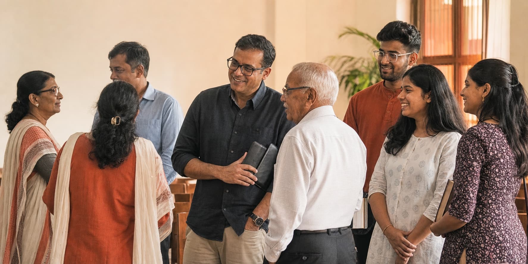 An Indian church community sharing conversation after a service